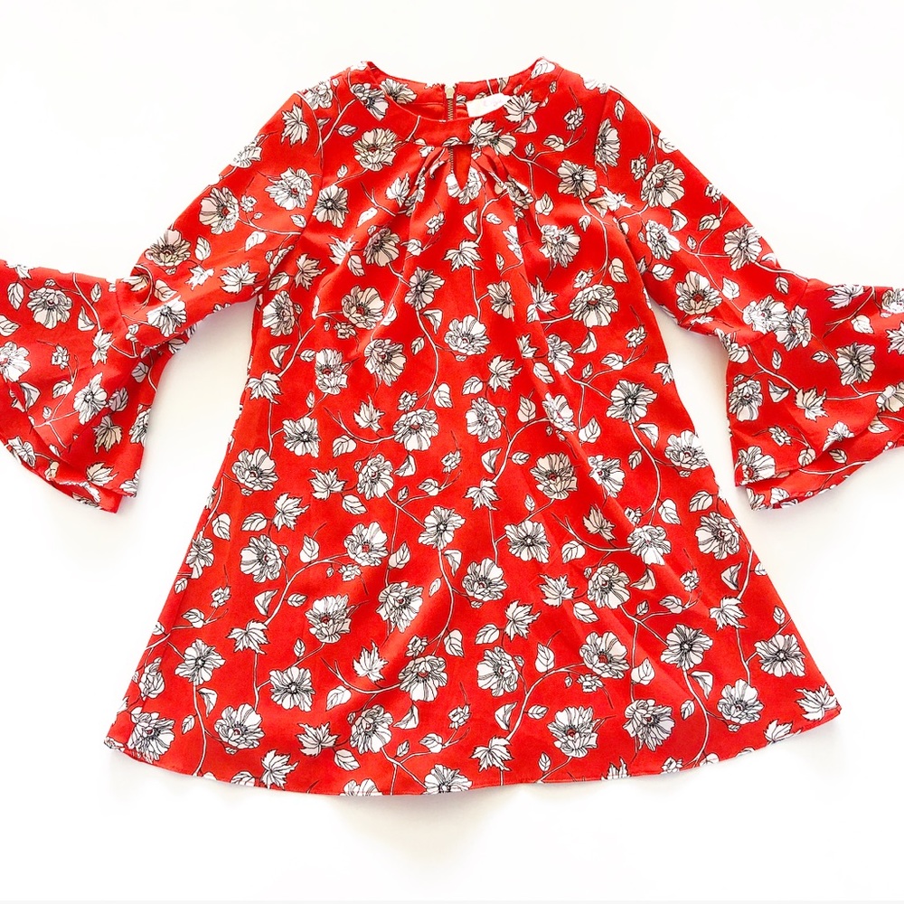 Red & white Floral Bell Sleeve Dress